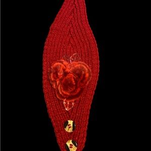 Red Knitted Headband with Floral Accent
